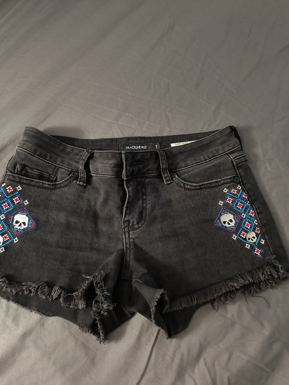 Blackheart Black Distressed Denim Jean Shorts with Colorful Skull Embroidery